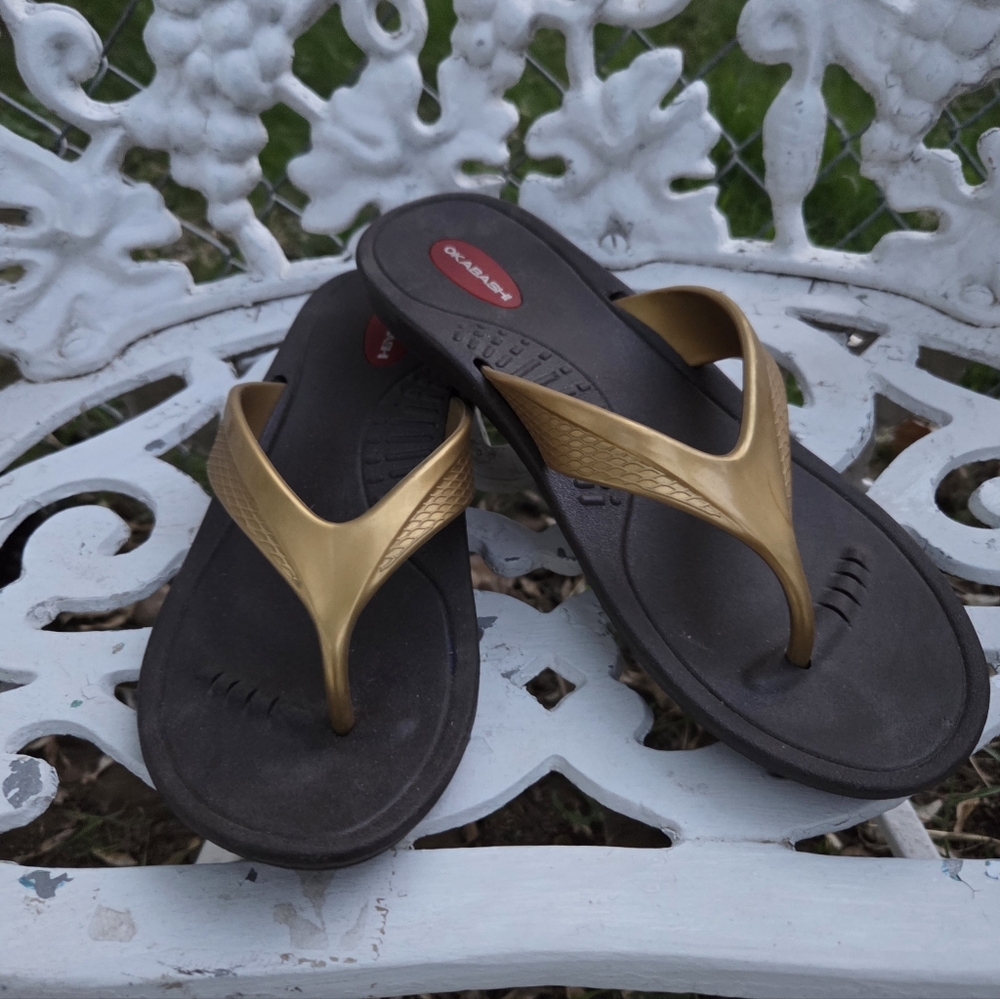 🐞2/$15 - Okabashi Gold & Brown Slide Sandals Size Medium 8